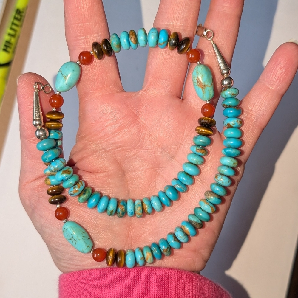 Sterling Silver, Turquoise, Tiger Eye And (I Believe) Carnelian Necklace - Picture 4 of 4